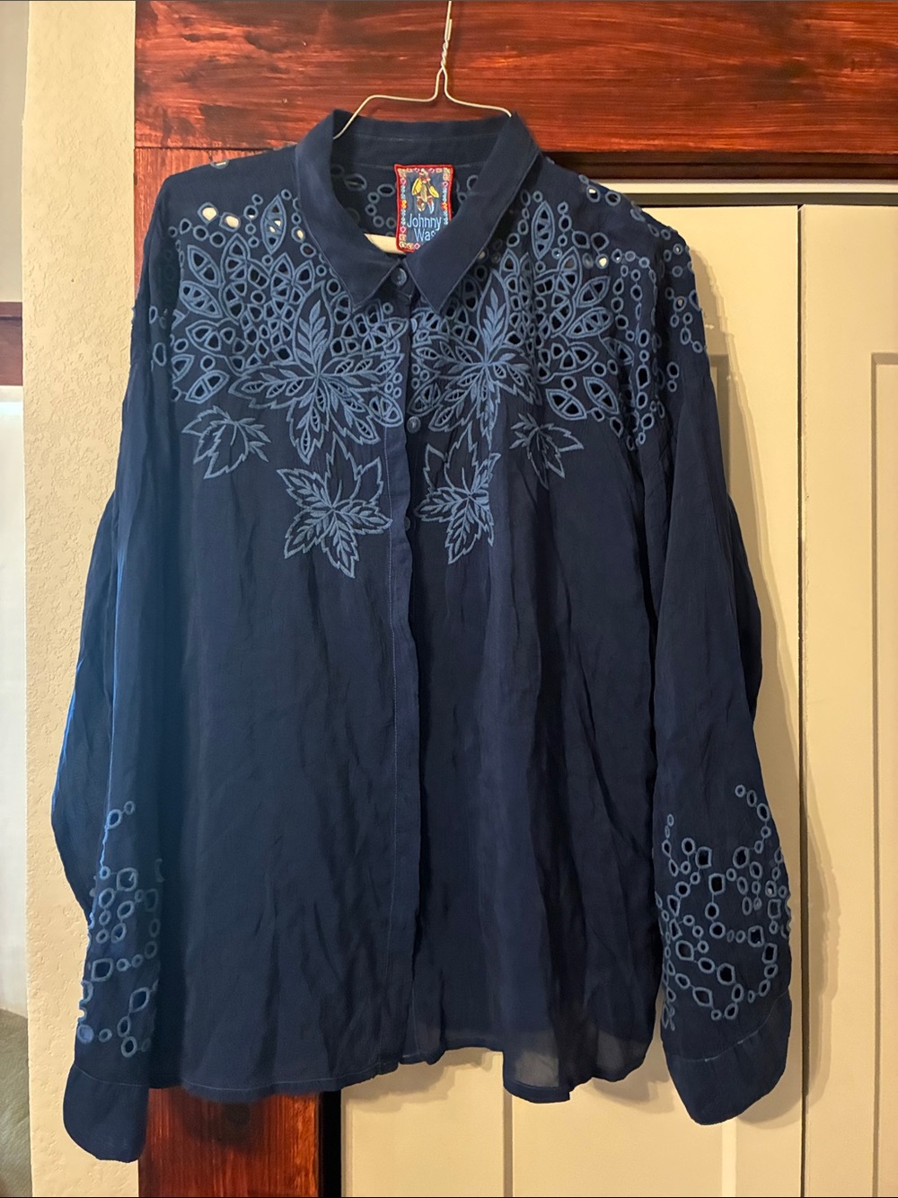 Johnny Was Navy Embroidered Button-Down Shirt